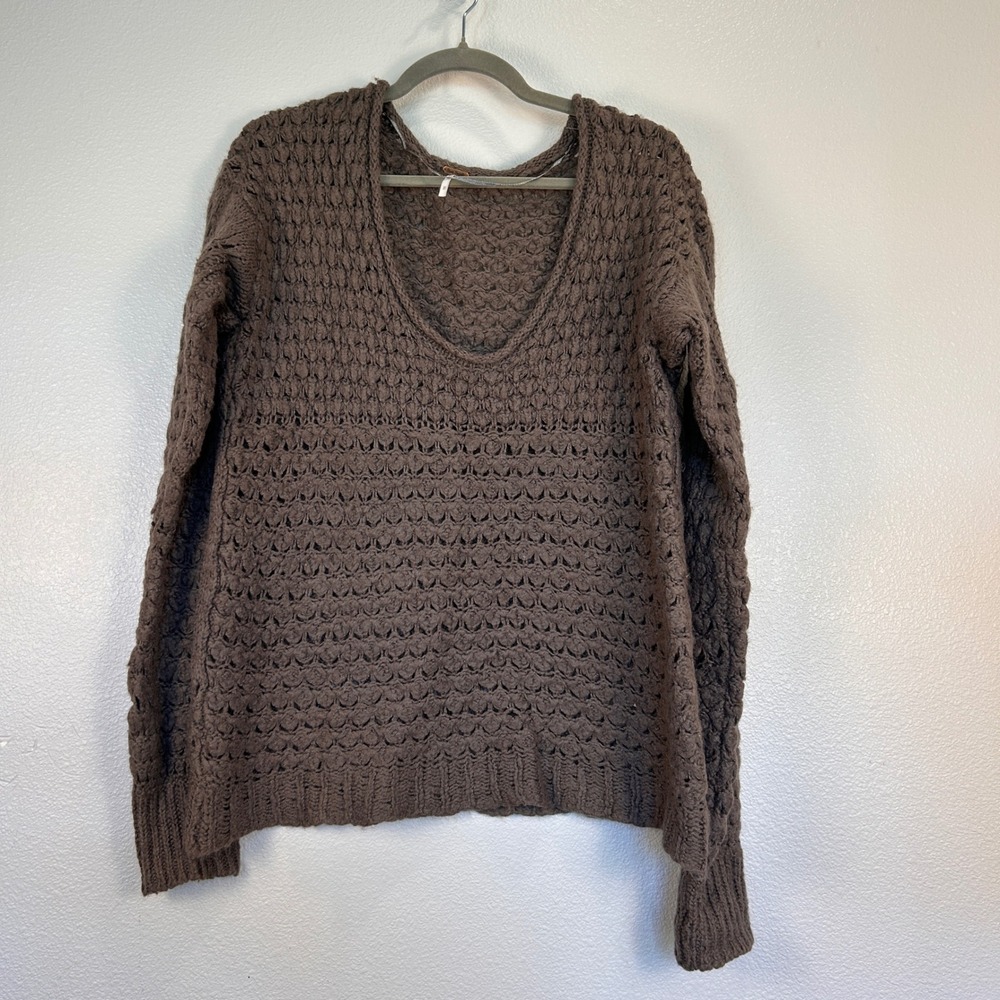Free People Brown Open Knit Wool Blend Scoop Neck Pullover Sweater Medium